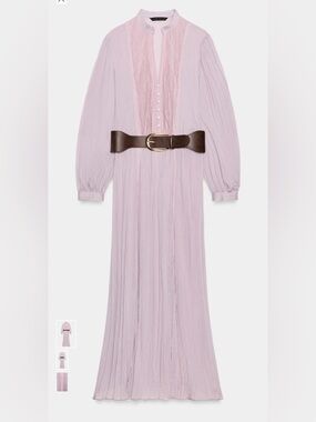 Light Pink Pleated Long Sleeve Maxi Dress with Brown Belt